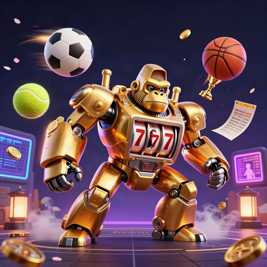 Mek gorila emas slot, bola olahraga melayang, kilau neon kasino