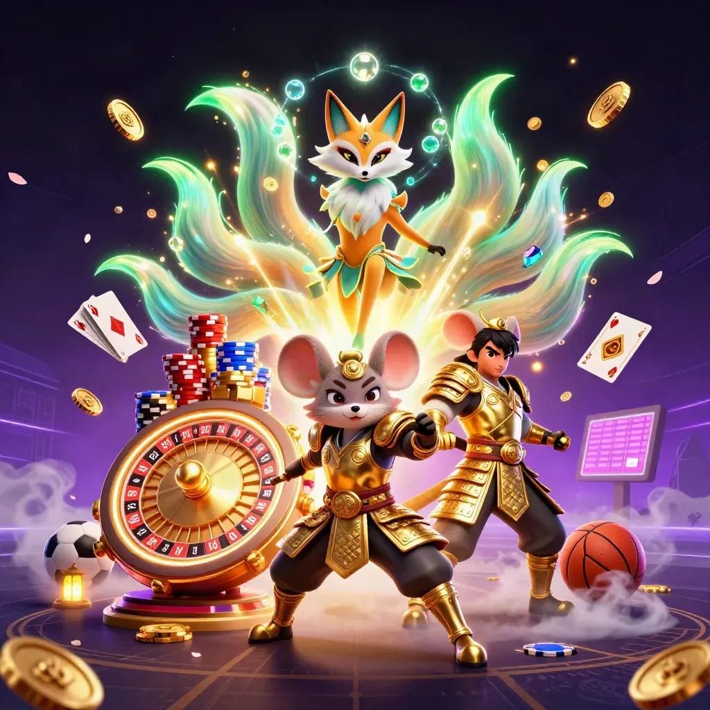 Rubah roh sembilan ekor dan tikus samurai di tengah ledakan koin, roulette, dan neon hijau-emas.