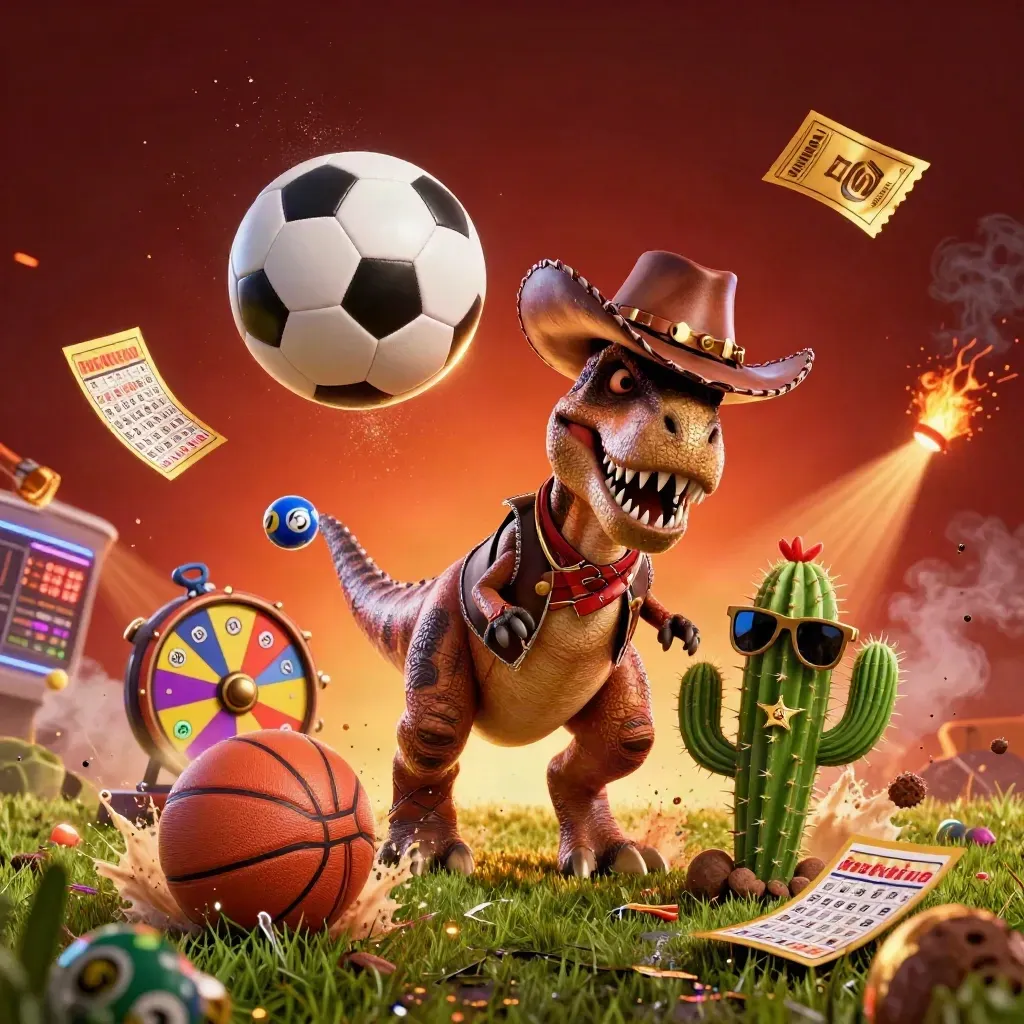 T-Rex koboi, kaktus, dan roadrunner di ledakan bola sepak, dengan elemen kasino neon.