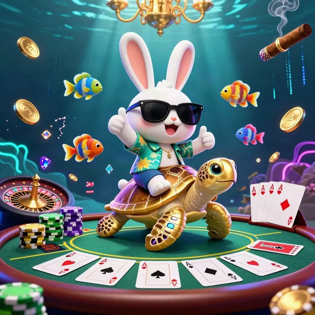 Kelinci kartun menaiki kura-kura emas di kasino bawah laut neon dengan kartu dan chip.