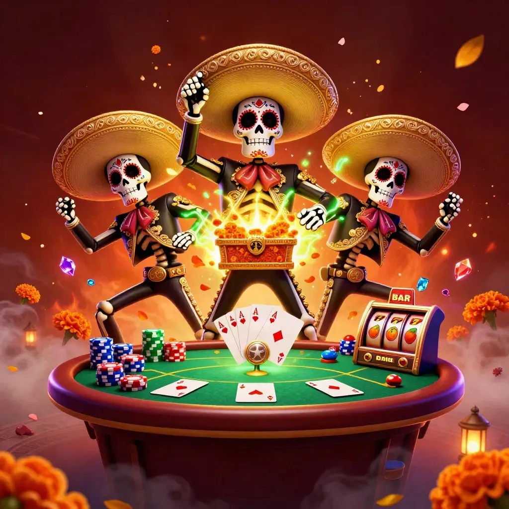 Tiga skeleton mariachi Day of the Dead dikelilingi chip, kartu, dan slot hijau neon.